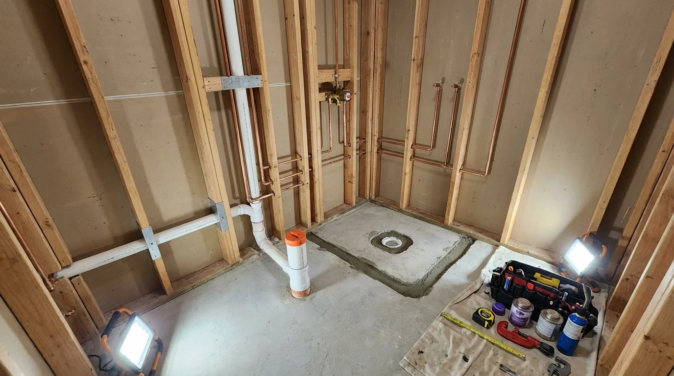Bathroom rough-in plumbing during remodel by Johns Plumbing LLC in Center Moriches