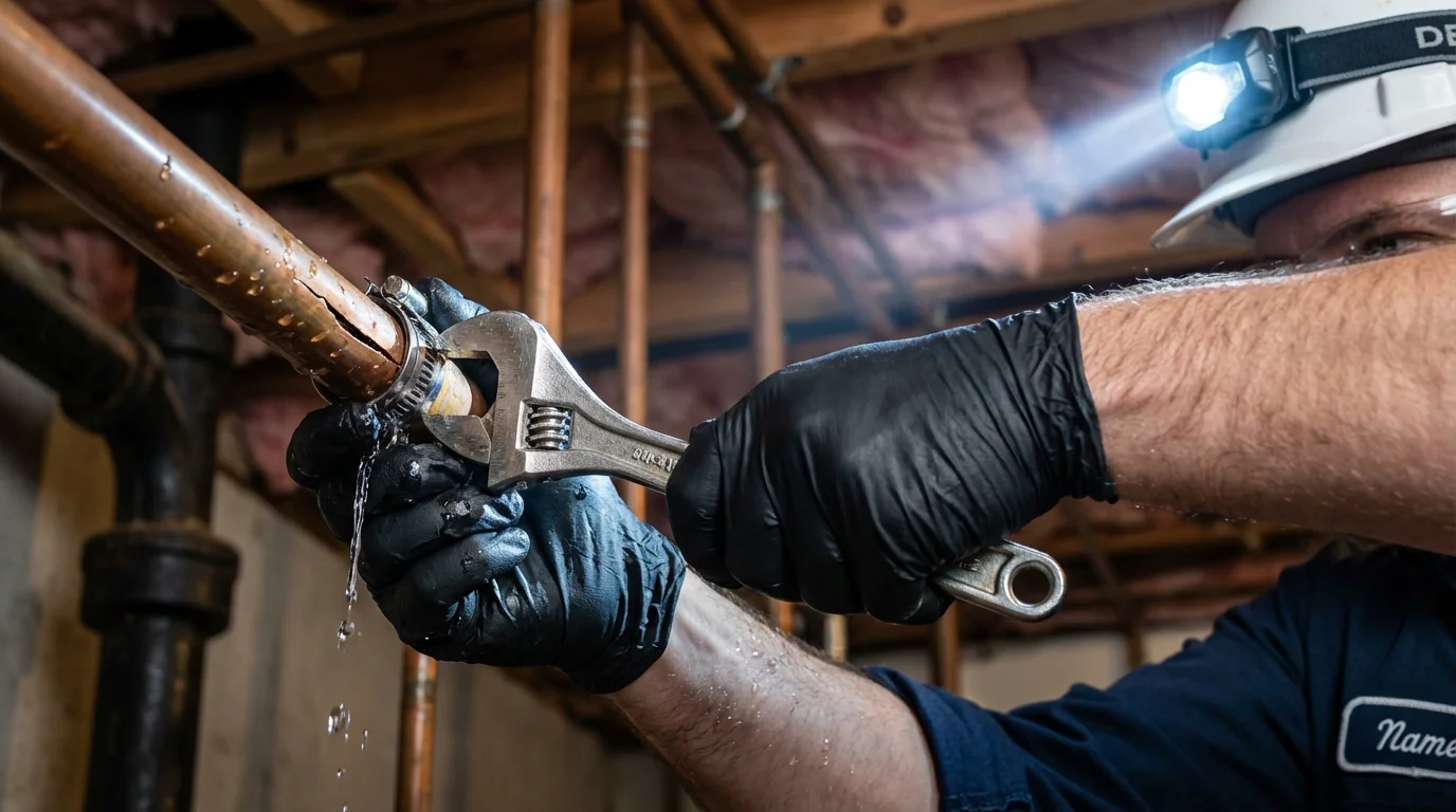 Emergency pipe clamp repair being performed by a Johns Plumbing LLC plumber in Center Moriches