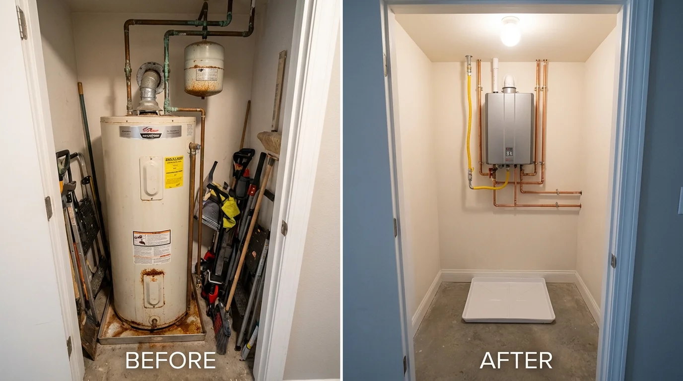 Tank water heater versus wall-mounted tankless unit comparison for Center Moriches, NY homeowners
