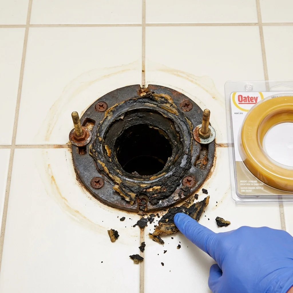 Failed wax ring showing water seepage at the base of a toilet in a Center Moriches, NY home