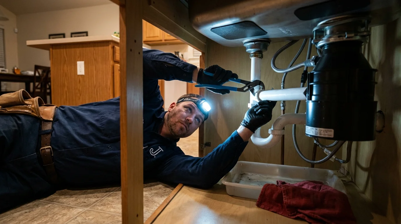 P-trap and supply line connections under a kitchen sink showing a common leak point in Center Moriches, NY